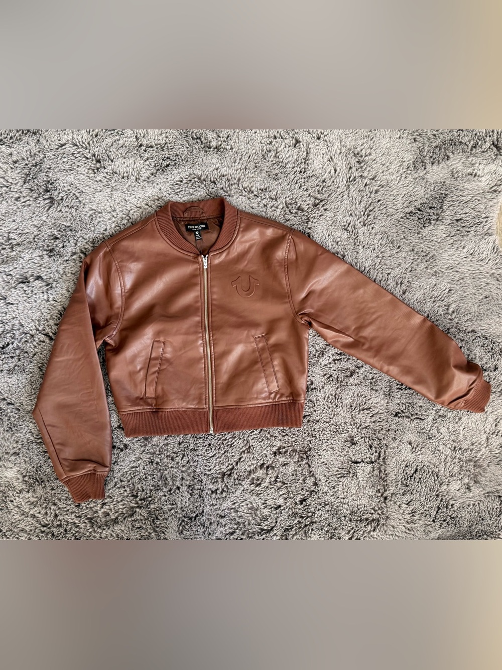 True Religion Chest-Embossed Tan/Brown Leather Bomber Jacket